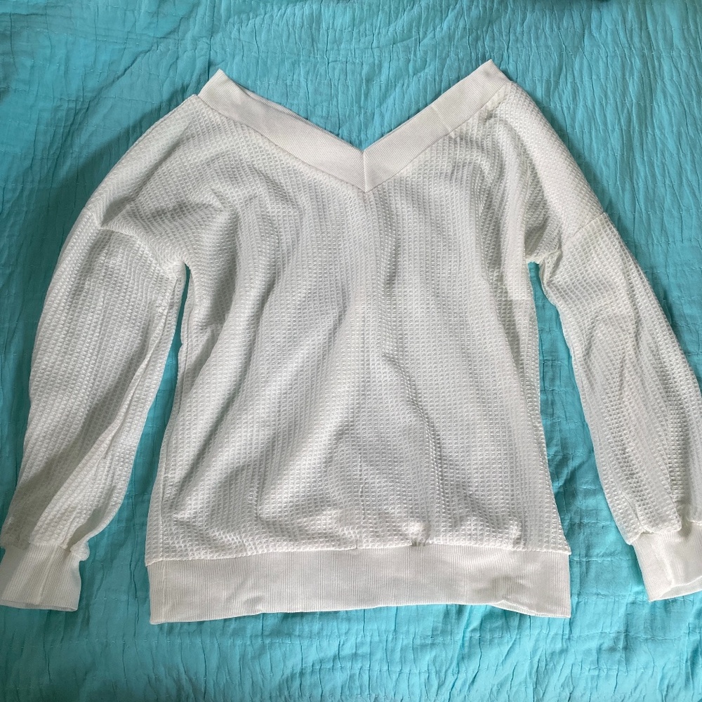 Tobrief V Neck Waffle Knit Off the Shoulder White Sweater Large